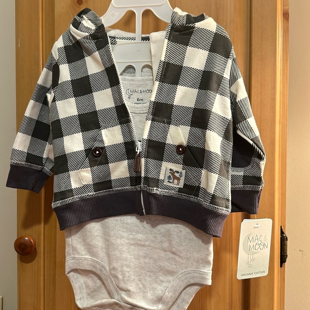 Never worn with tags. Organic cotton. Onesie with matching sweatshirt